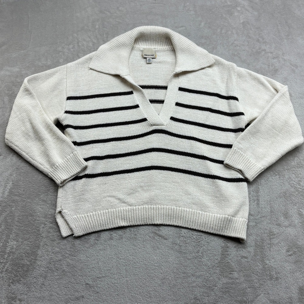 Industry Republic Clothing Sweater Women L Cream Stripe Collared Coastal Grandma